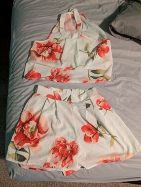 Floral White and Coral High-Waist Short With Matching Crop Halter